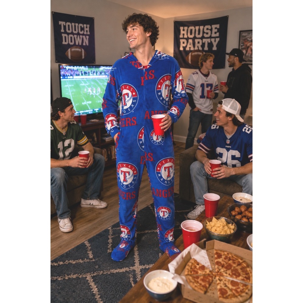 Texas Rangers Footie Pajamas Blue Size M MLB Fleece Union Suit